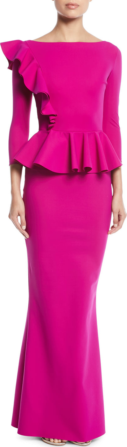 La Petite Robe di Chiara Boni Dinara Long Peplum Gown w/ Asymmetric Ruffle