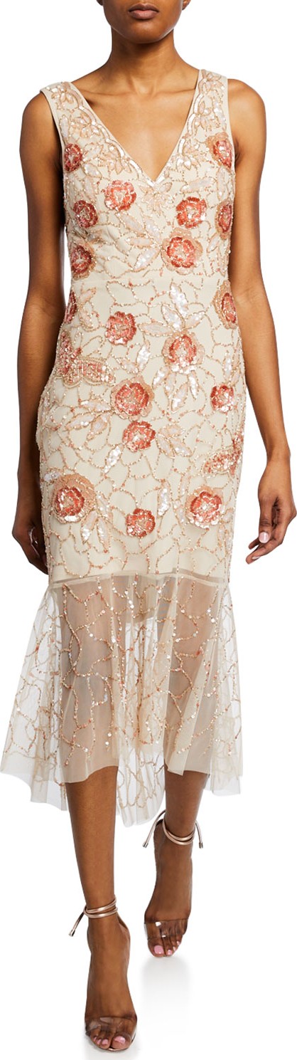 Aidan Mattox Floral Beaded V-Neck Sleeveless Midi Dress