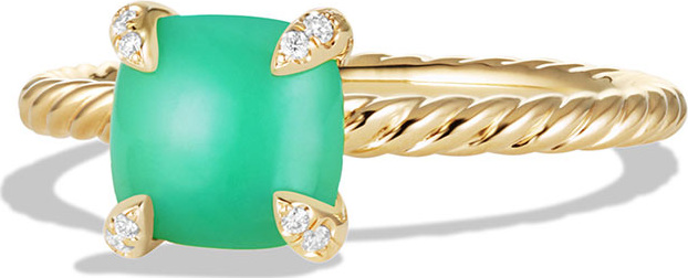 David Yurman Châtelaine 18k Gold 7mm Chrysoprase Ring w/ Diamonds, Size 7