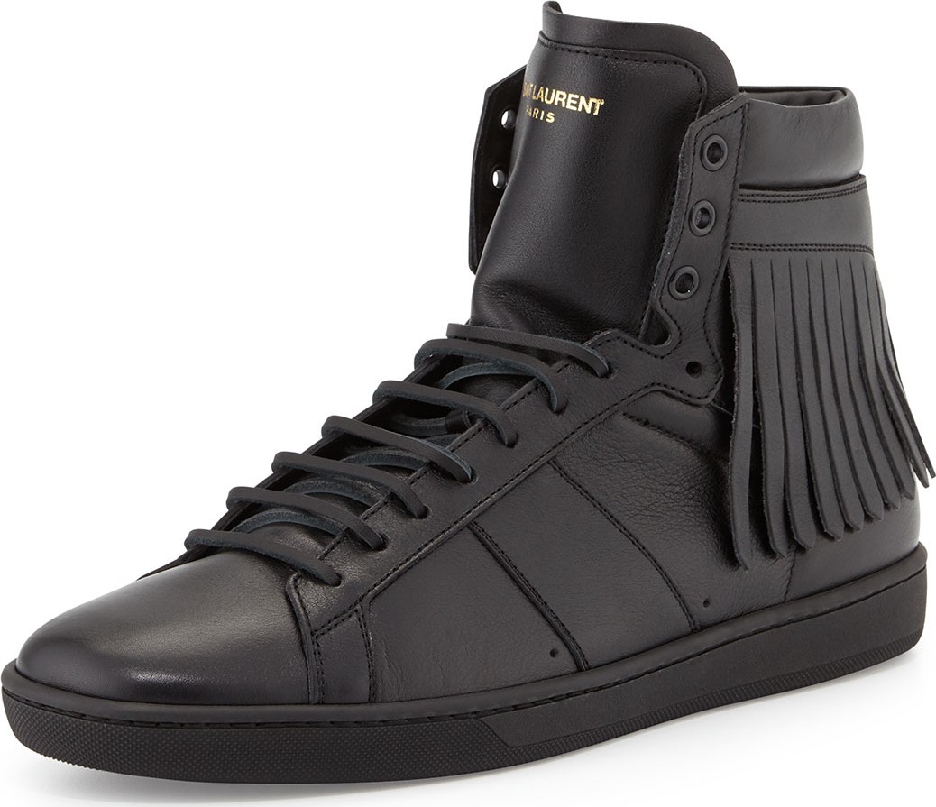Saint Laurent Men's Leather High-Top Sneakers with Fringe-Detail