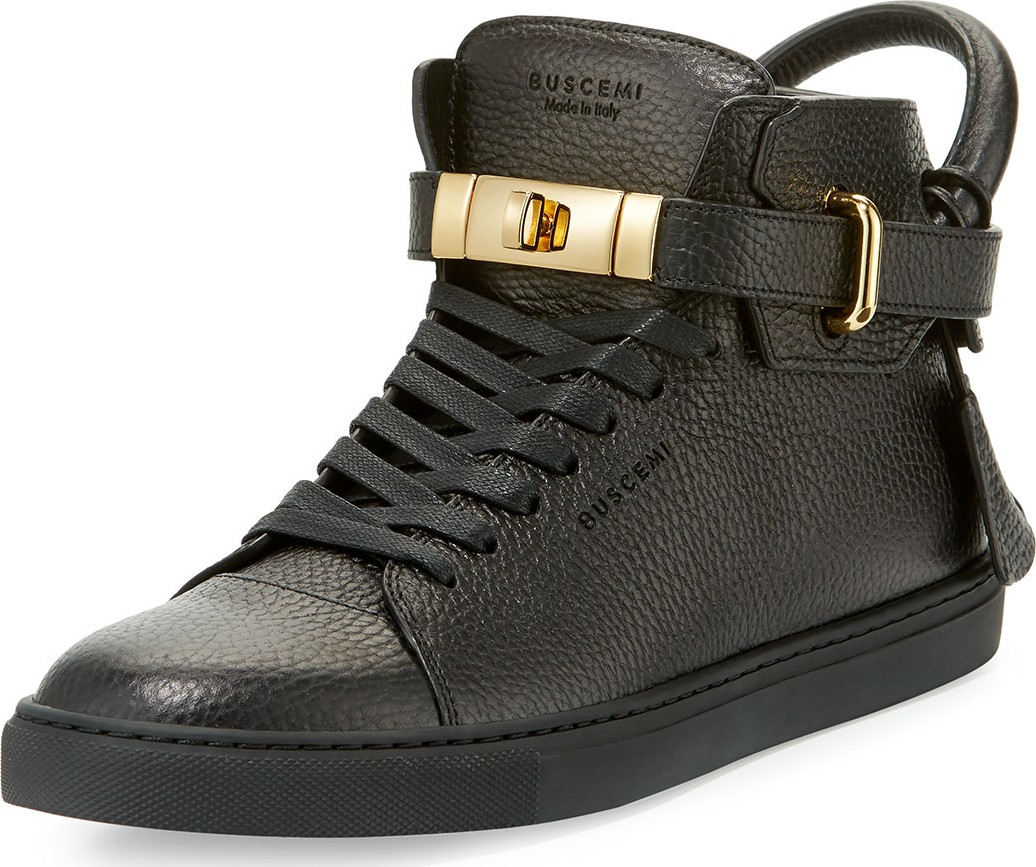 Buscemi Men's 100mm High-Top Leather Sneakers with Padlock, Black