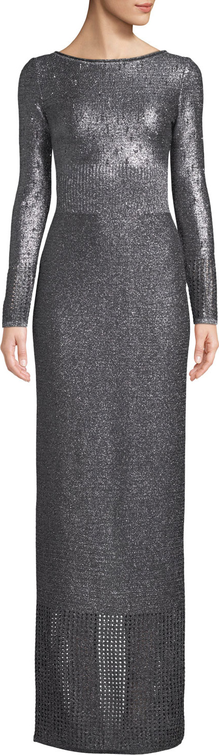 St. John Boat-Neck Long-Sleeve Metallic-Plaited Gown