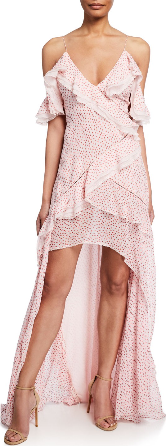 Jonathan Simkhai Speckle-Print Cold-Shoulder Ruffle High-Low Dress