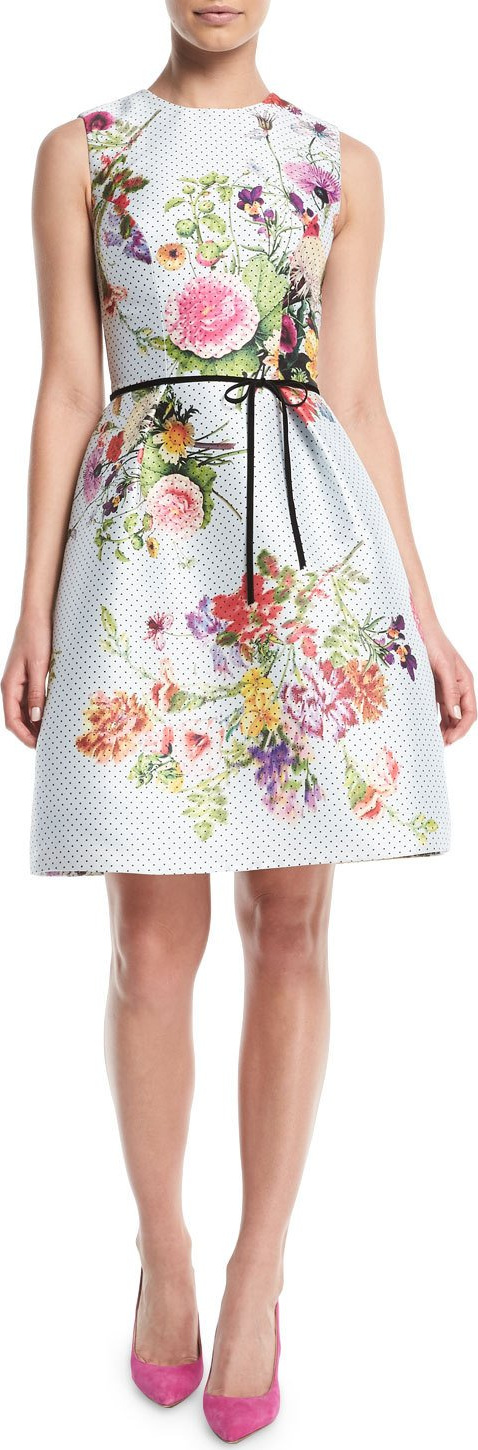 Monique Lhuillier Sleeveless A-Line Floral-Print Polka-Dot Mikado Cocktail Dress w/ Belt