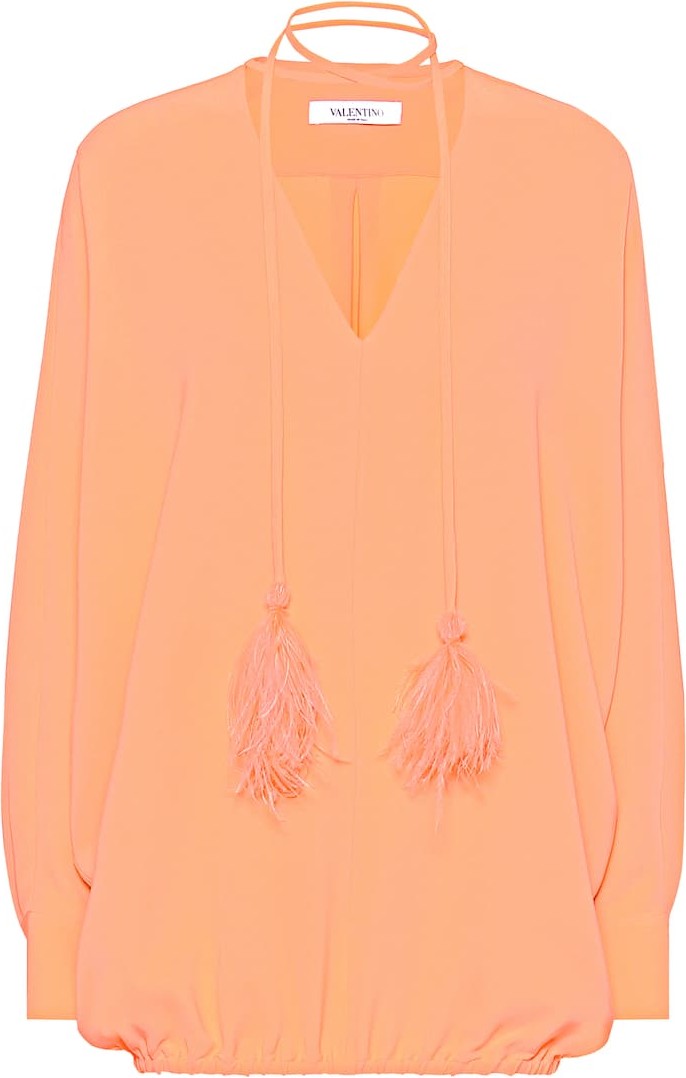 Valentino Feather-trimmed silk-crêpe blouse