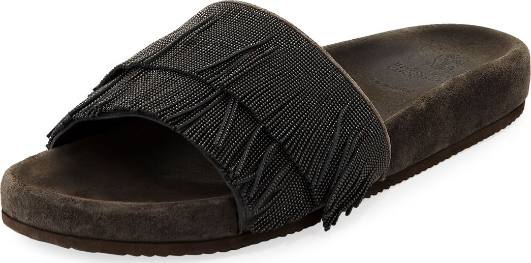 Brunello Cucinelli Double Monili Fringe Pool Slide Sandal