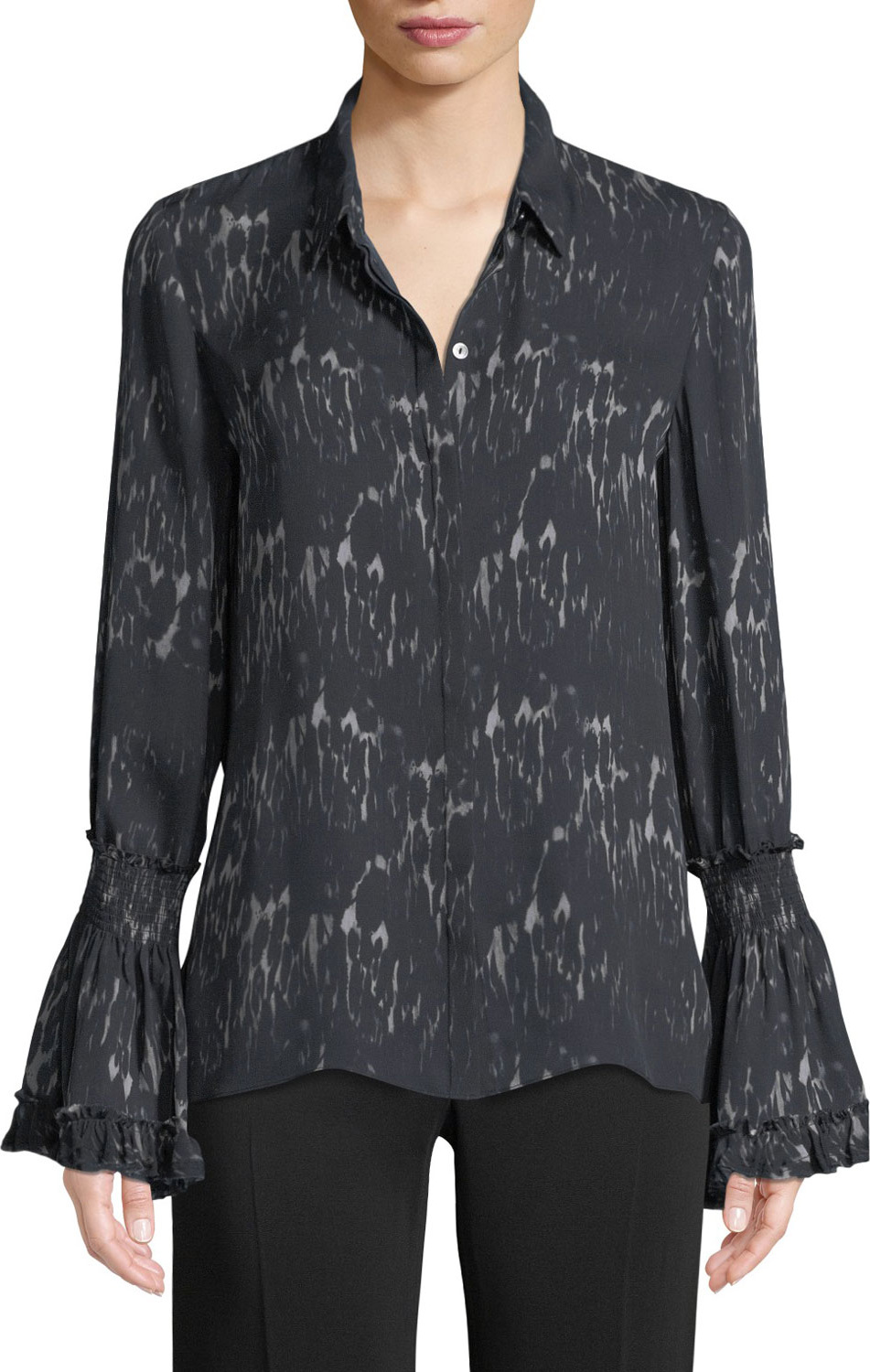 KOBI HALPERIN Edina Bell-Cuff Button-Front Printed Silk Blouse