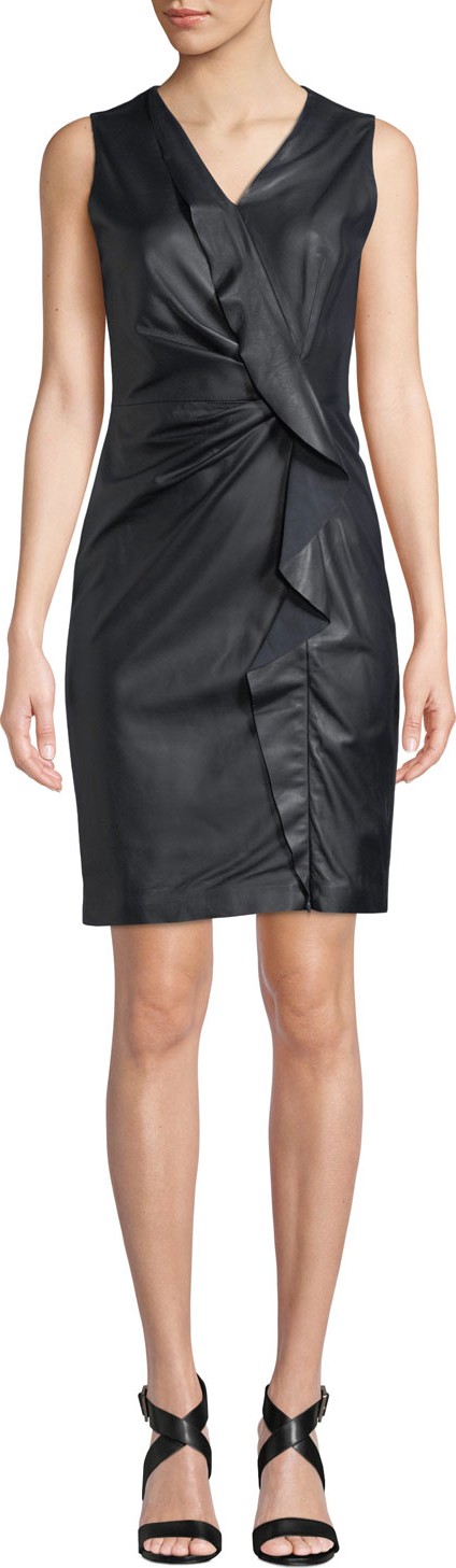 Elie Tahari Marsala Ruffled Leather & Ponte Dress Elie Tahari Marsala Ruffled Leather & Ponte Dress