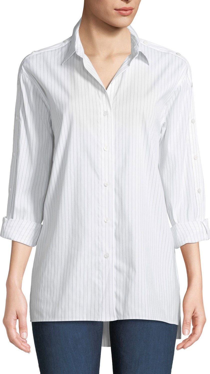 Lafayette 148 New York Trinity Stanford Stripe Blouse with Buttoned Sleeves