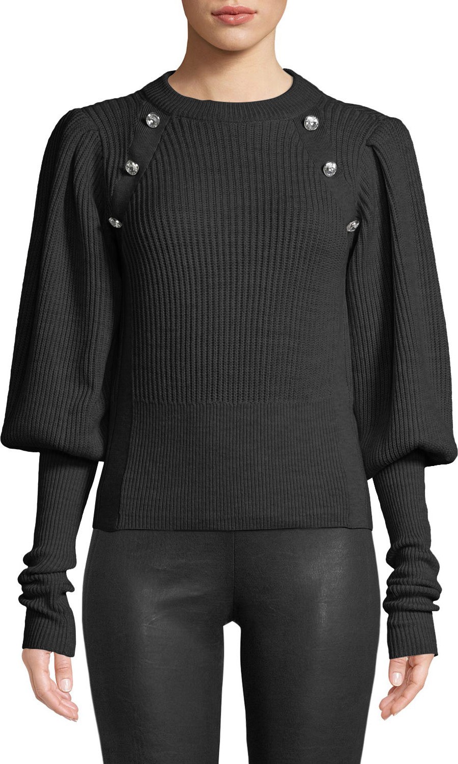 Veronica Beard Jude Jeweled Crewneck Blouson-Sleeve Wool Knit Sweater