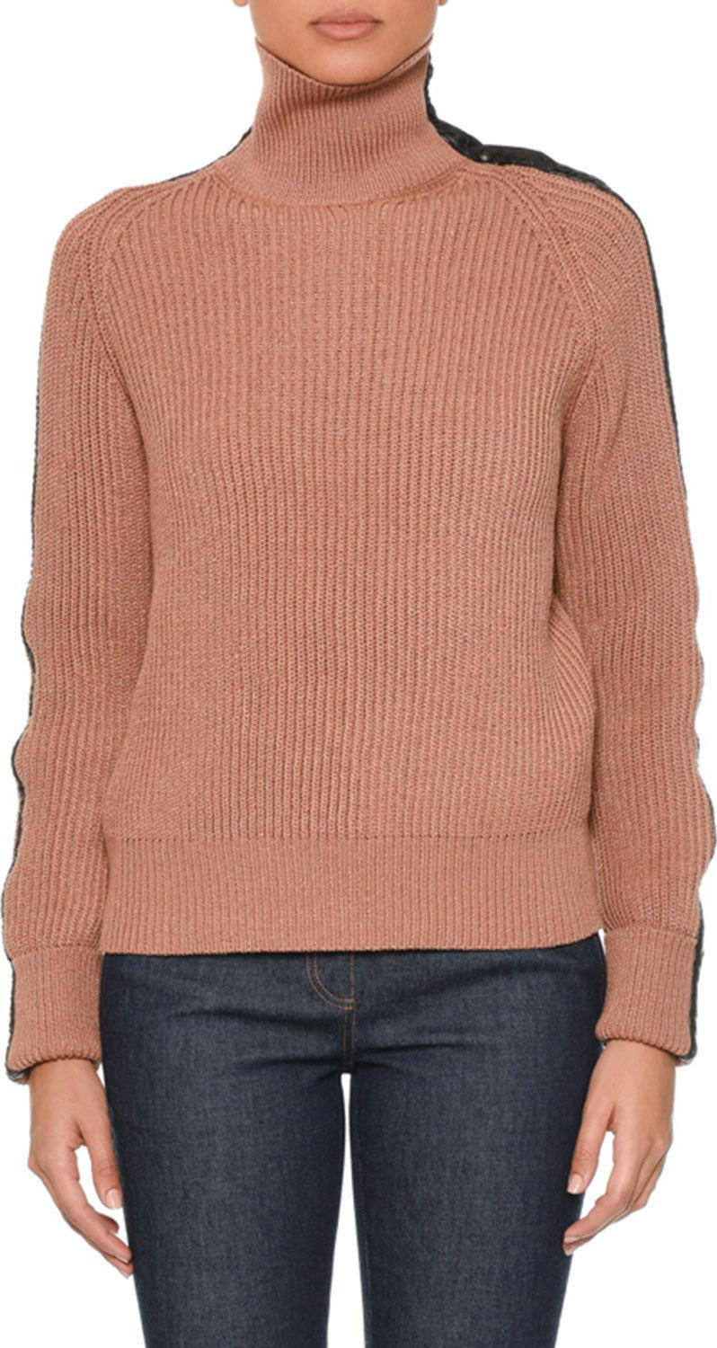Bottega Veneta Turtleneck Long-Sleeve Knit Sweater w/ Intrecciato Suede Trim