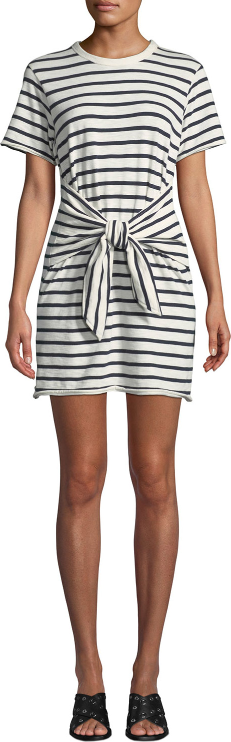 Rag & Bone Halsey Crewneck Tie-Neck Striped Cotton Dress