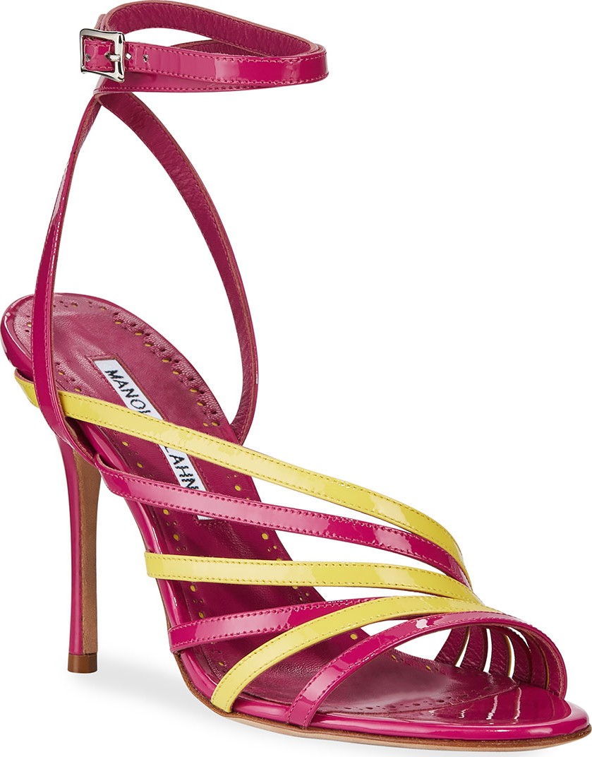 Manolo Blahnik Acante Patent Ankle-Wrap Sandals