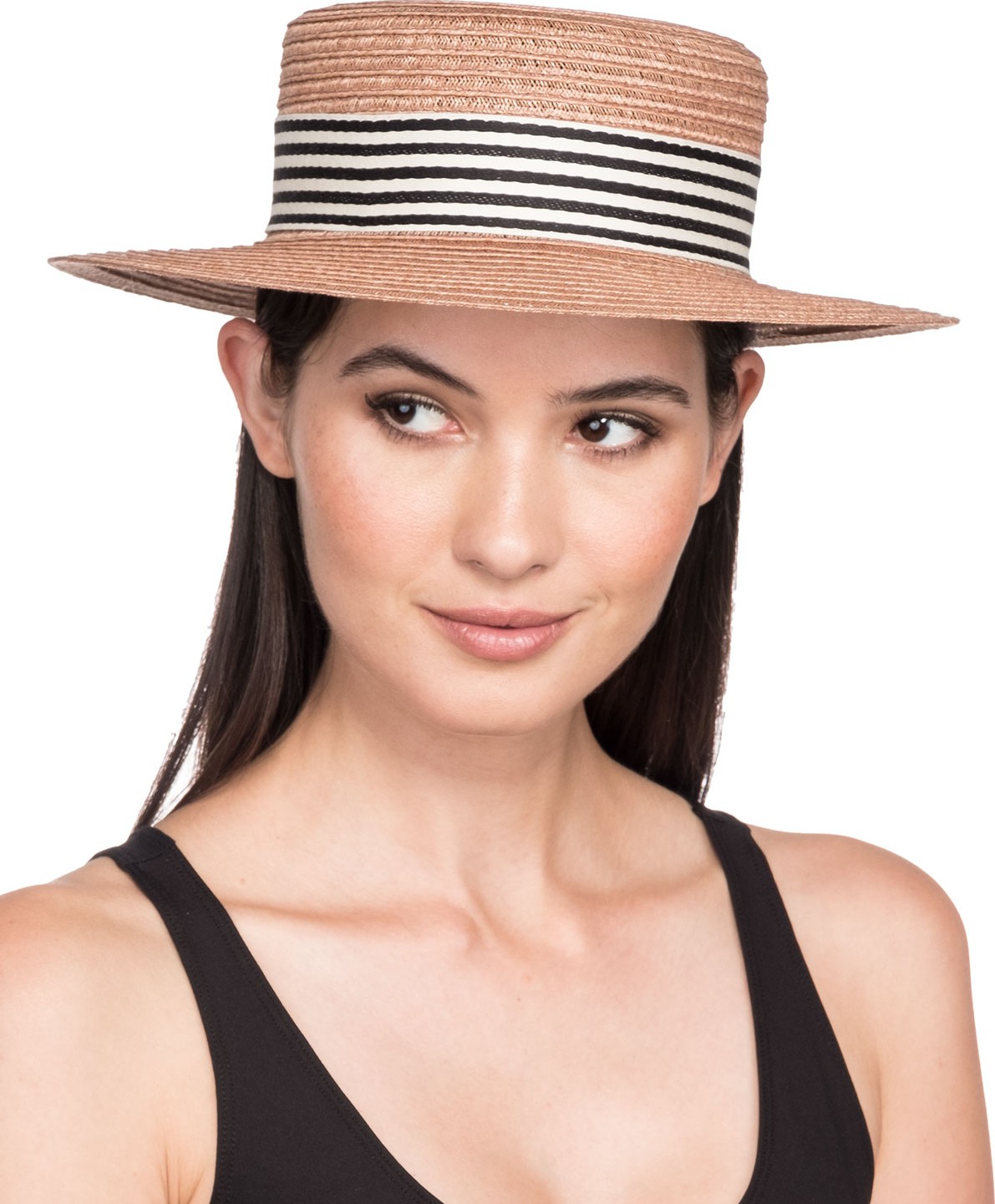 Eugenia Kim Brigitte Vented Hemp Boater Hat w/ Striped Hat Band