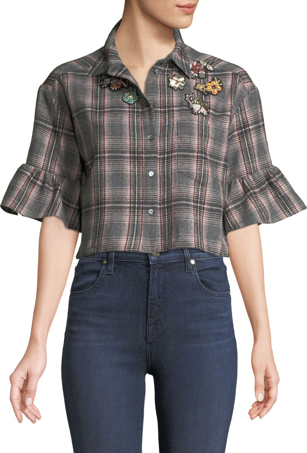 Cinq A Sept Emile Embellished Plaid Button-Front Crop Top