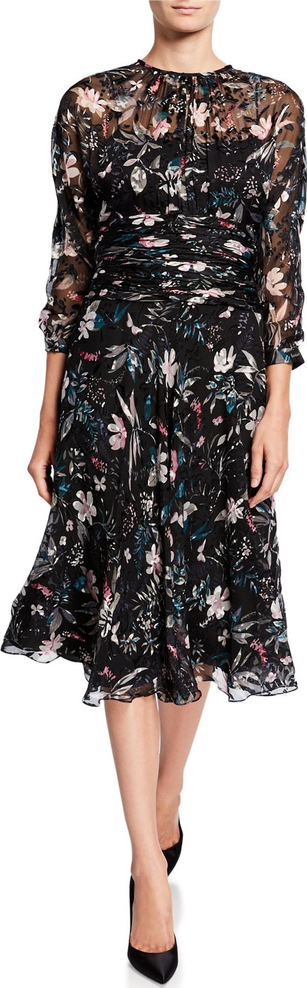 Rickie Freeman for Teri Jon Floral Burnout Shirred-Waist 3/4-Sleeve Dress