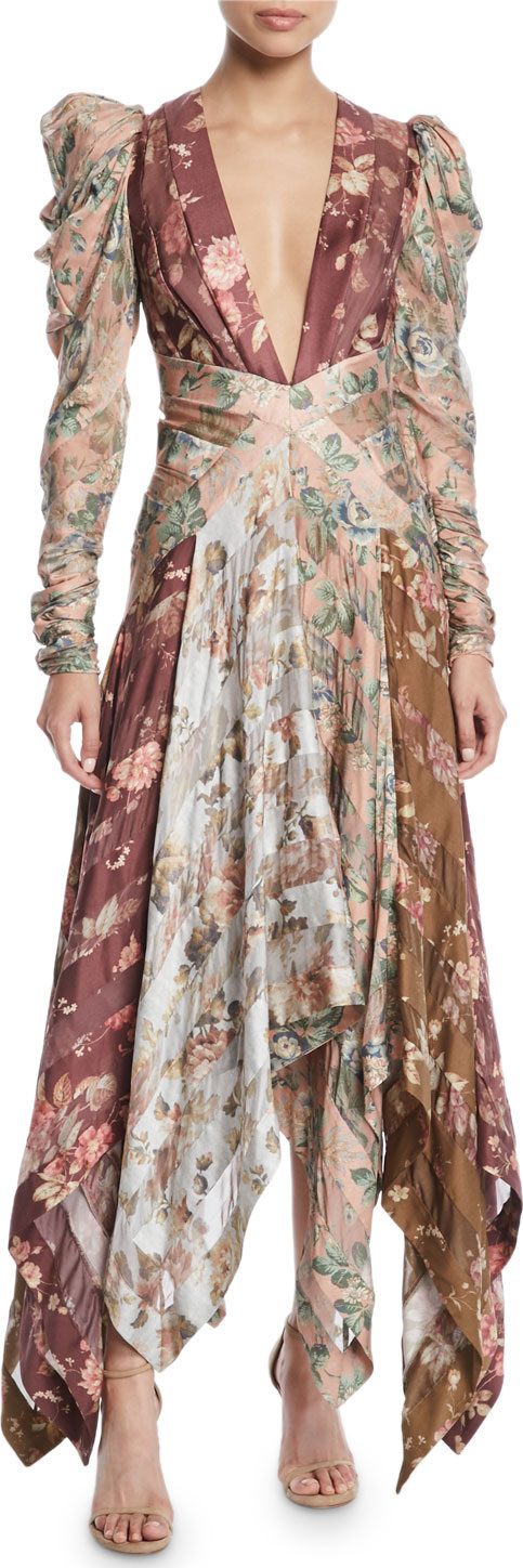 Zimmermann Unbridled Floral Chevron-Panel Silk Dress