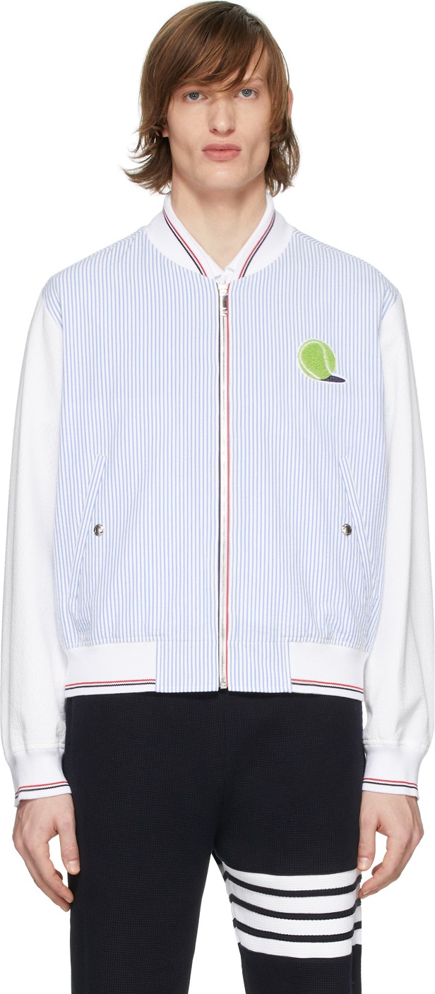 Thom Browne Blue & White Seersucker Ball Patch Bomber Jacket