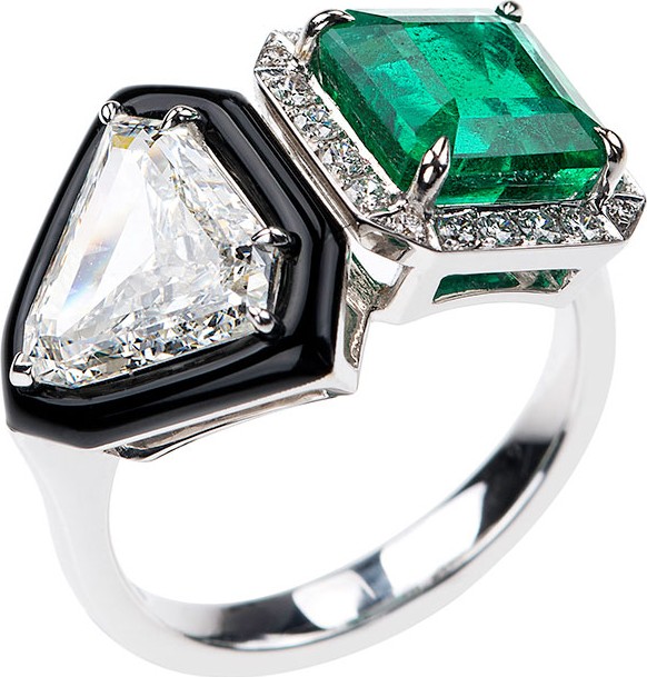 Nikos Koulis Oui 18k White Gold Emerald Square & Diamond Trillion Ring Nikos Koulis Oui 18k White Gold Emerald Square & Diamond Trillion Ring
