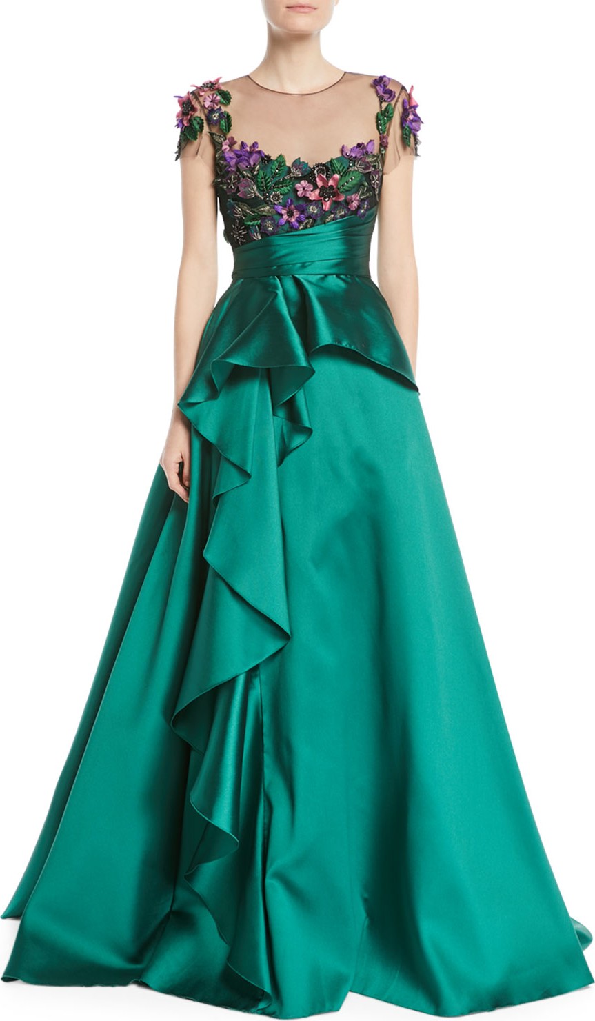 Marchesa Notte 3D Floral Embroidered Ball Gown w/ Cascade