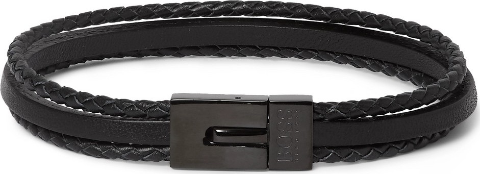 HUGO BOSS Baylor Woven and Smooth Leather Wrap Bracelet