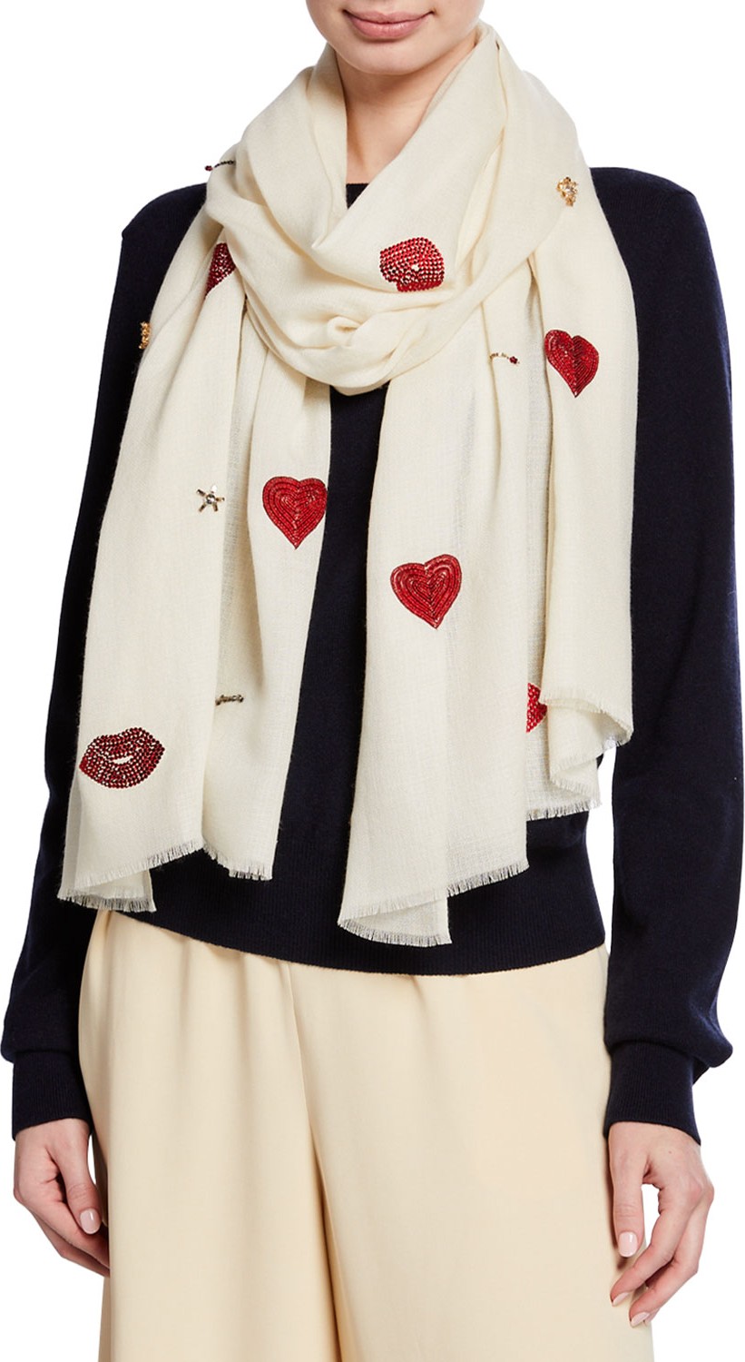 K Janavi Hearts & Matchsticks Beaded Cashmere Scarf