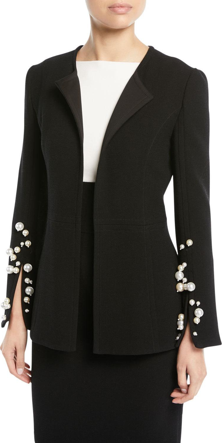 Oscar De La Renta Open-Front Crepe Blazer with Pearlescent Cuffs