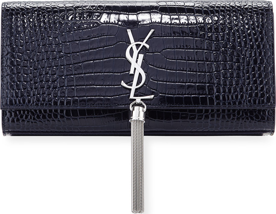 Saint Laurent Kate Monogram YSL Tassel Faux-Crocodile Clutch Bag