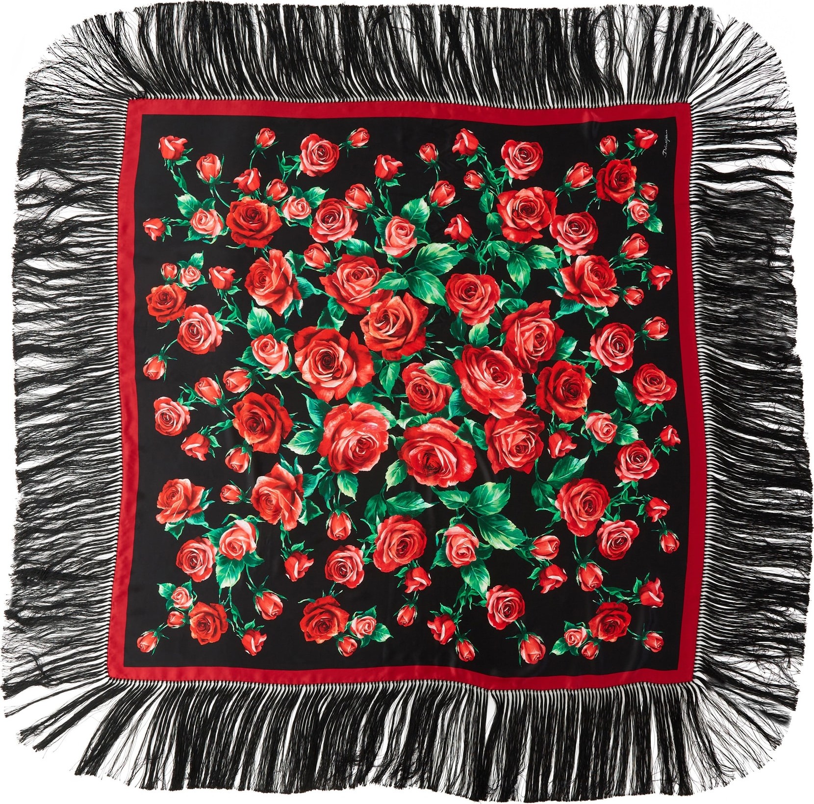Dolce & Gabbana Rose Print Fringe Silk Blend Scarf