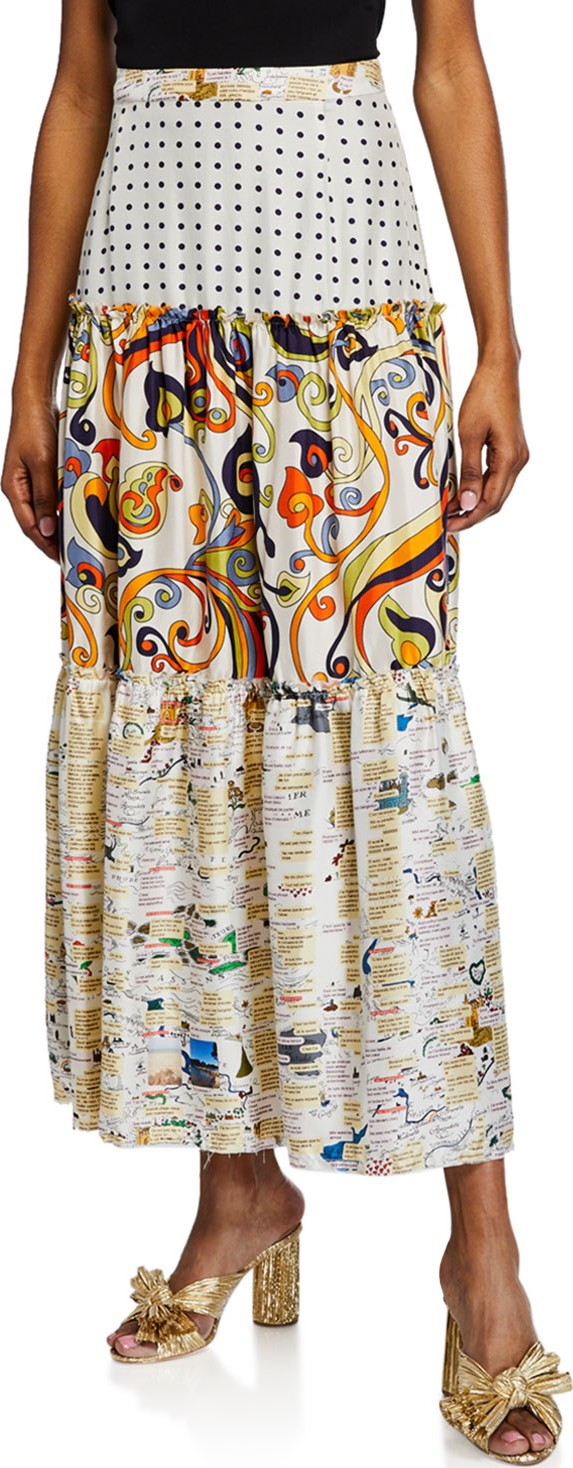 La Prestic Ouiston Elizabeth Textos Tiered Mix Print Skirt