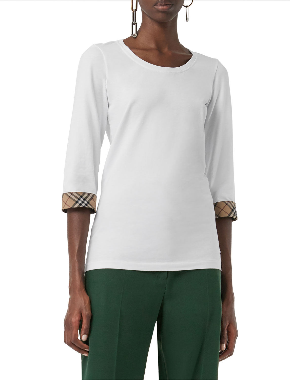 Burberry London England 3/4-Sleeve Check-Cuff Cotton Tee