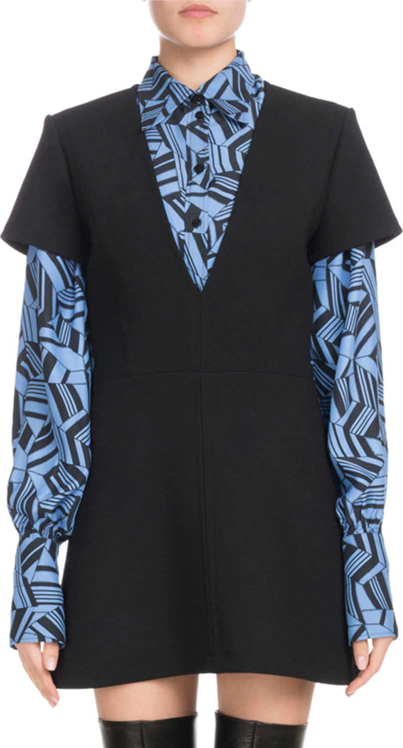 Chloe Short-Sleeve Deep-V Wool Crepe Mini Dress