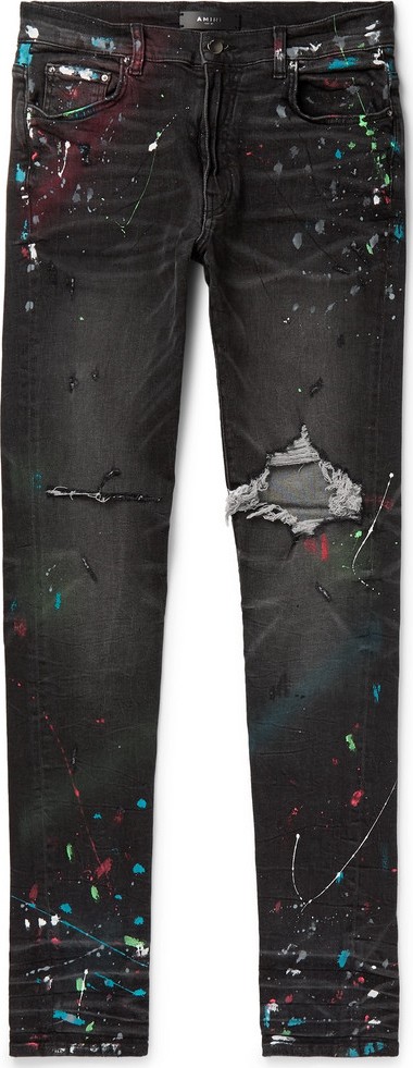 Amiri Skinny-Fit Distressed Paint-Splattered Stretch-Denim Jeans