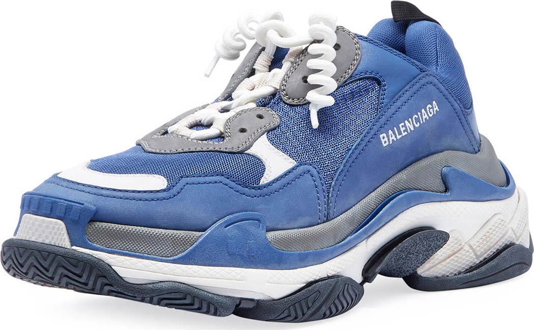 Balenciaga Men's Triple S Mesh & Leather Sneakers, Blue/Gray