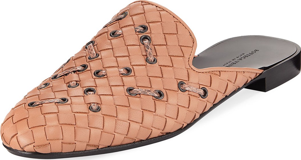 Bottega Veneta Woven Leather Mule Flat with Snakeskin Stitching