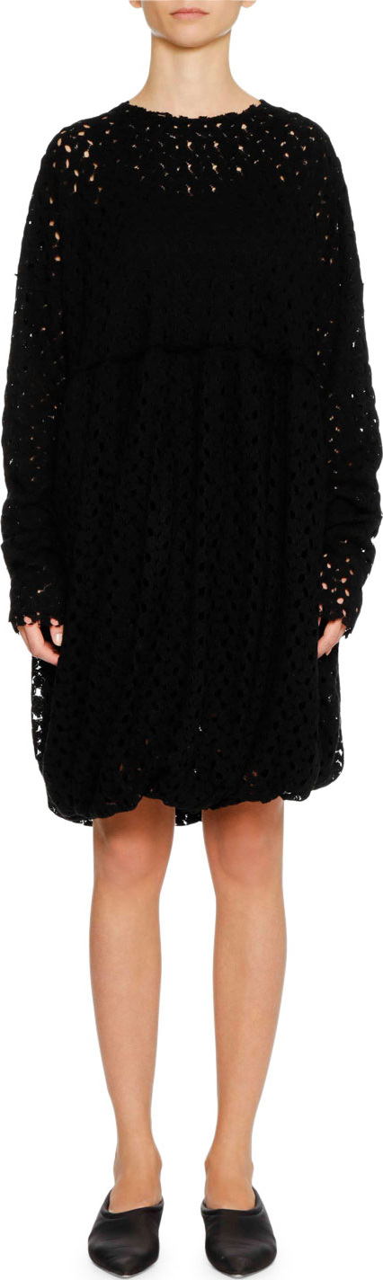 Jil Sander Round-Neck Long-Sleeve Lace Shift Dress