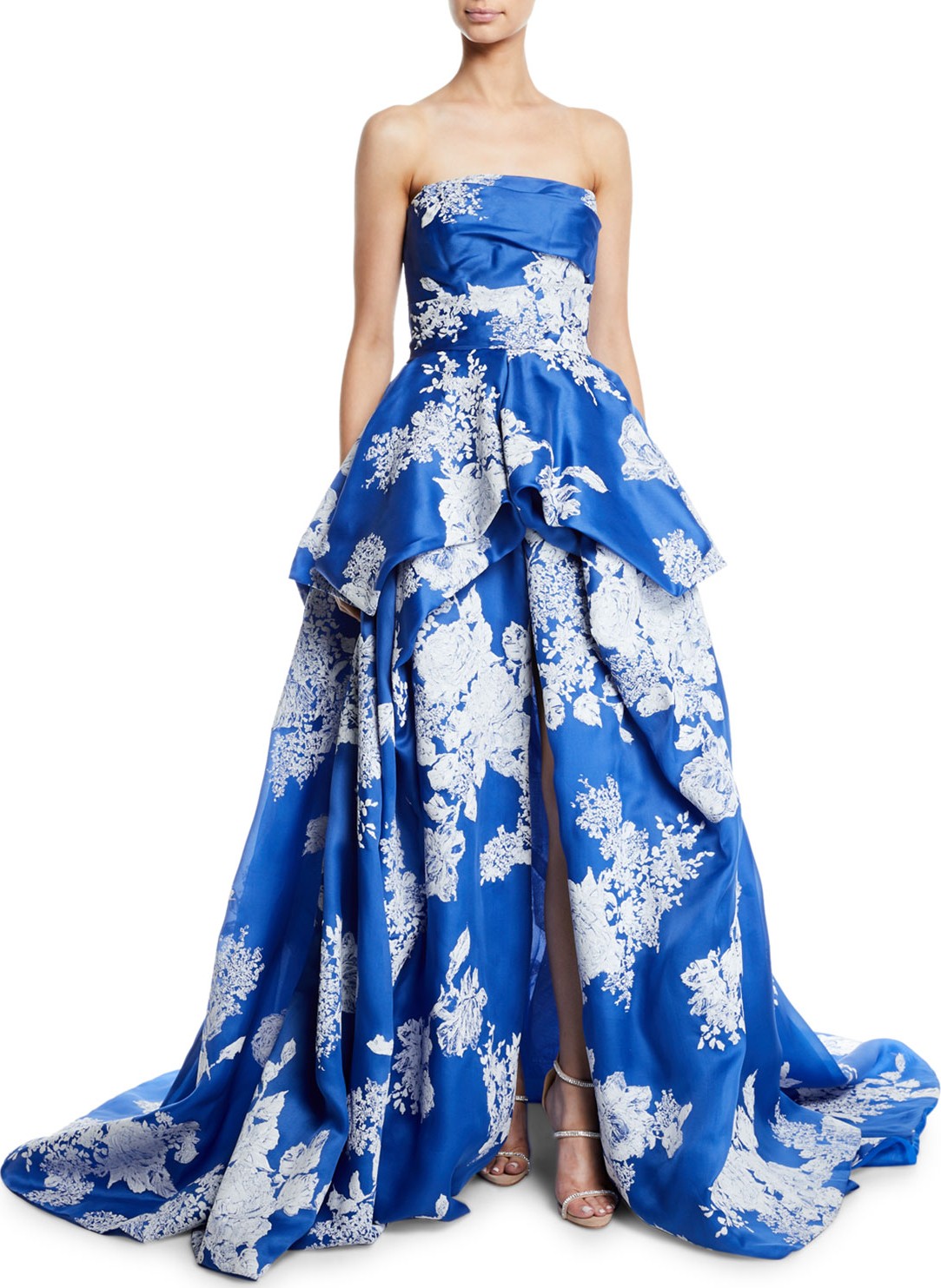 Monique Lhuillier Strapless Hand-Tufted Floral-Print Organza Ball Gown