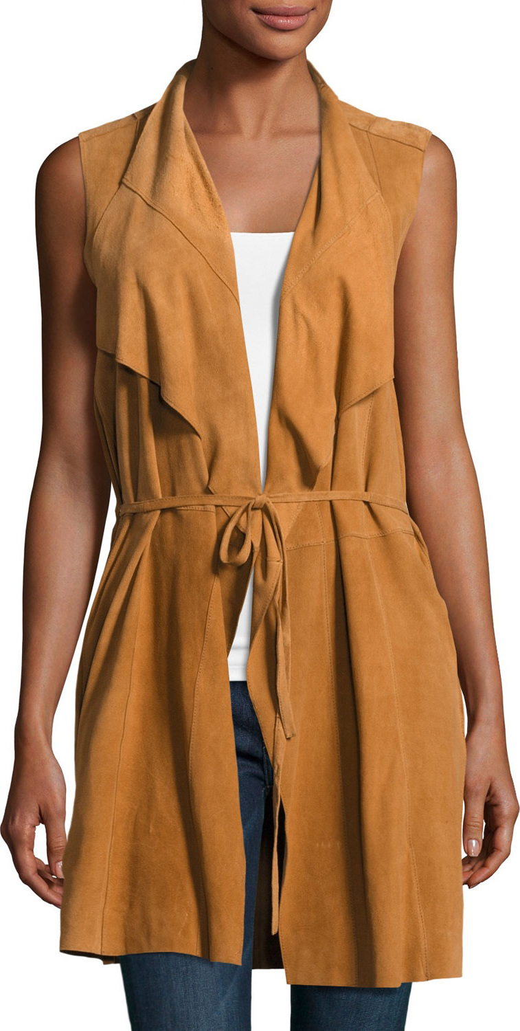 Neiman Marcus Draped Suede Vest, Camel