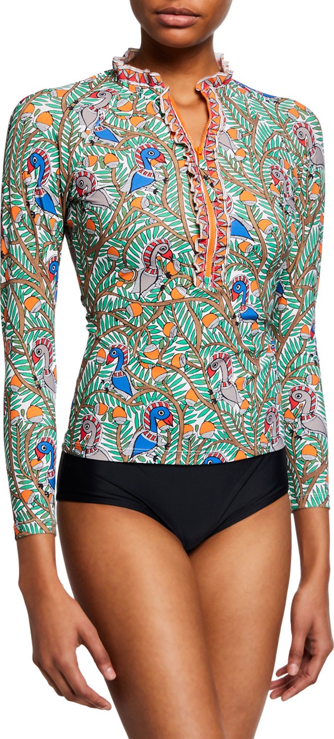 Tory Burch Printed Ruffle Long-Sleeve Swim Rashguard