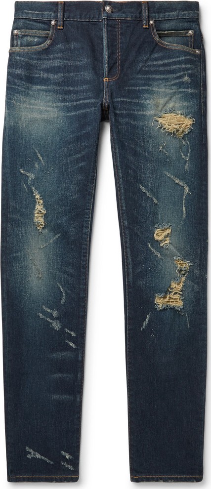 Balmain Slim-Fit Tapered Distressed Denim Jeans
