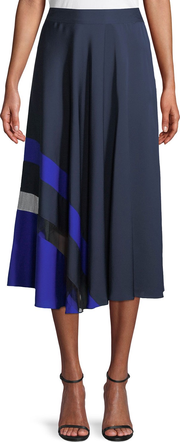 MILLY Combo Pleated Stretch-Silk Skirt