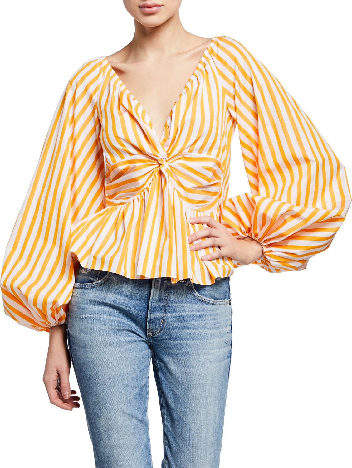 Caroline Constas Onira Striped Blouson-Sleeve Top
