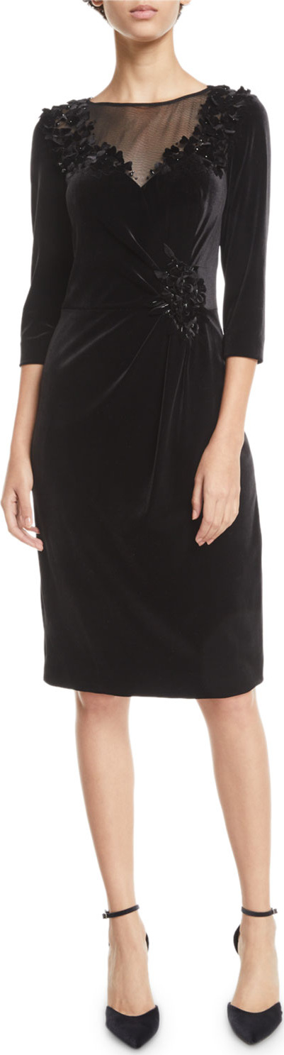 Rickie Freeman for Teri Jon V-Neck Illusion & Velvet Dress