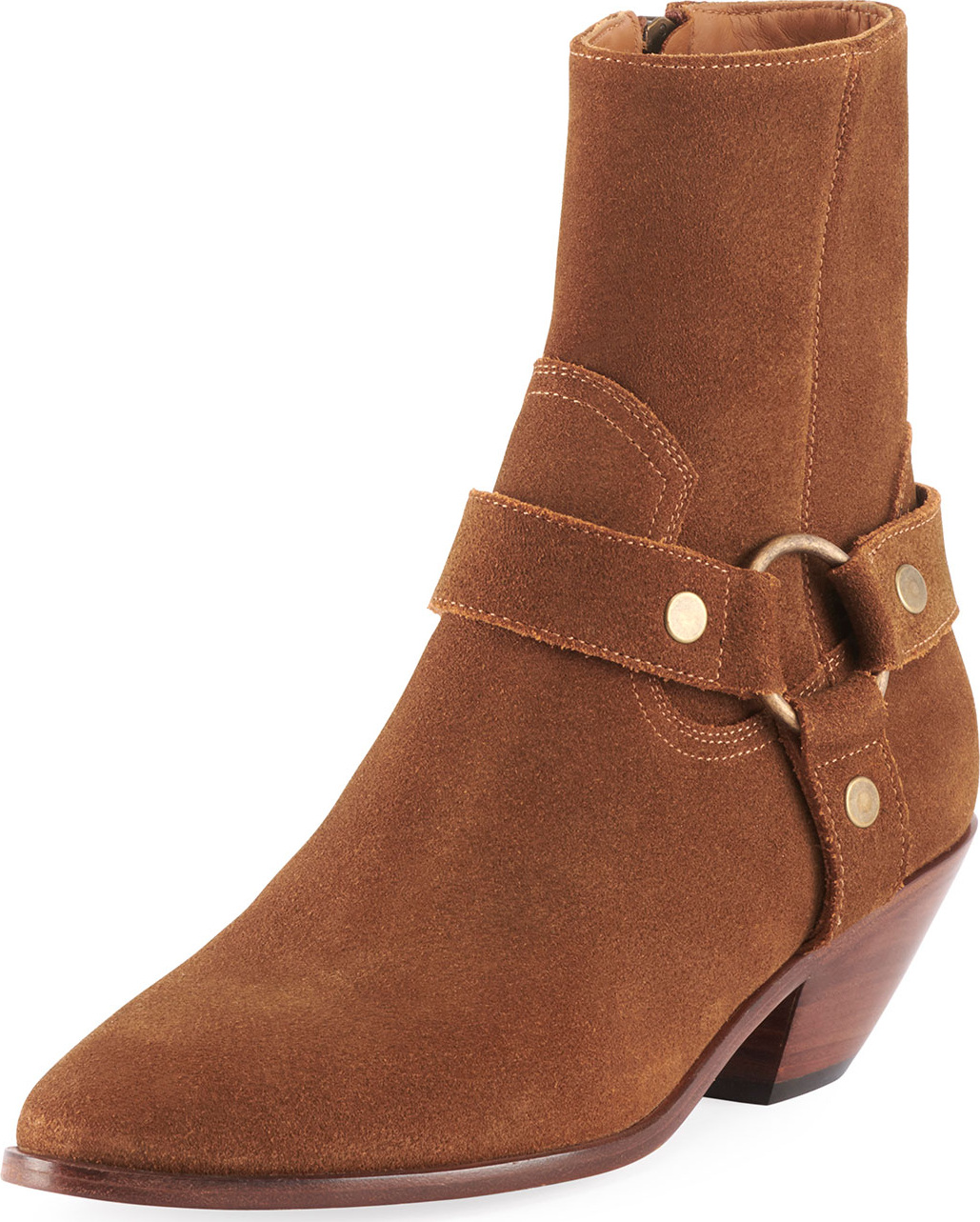 Saint Laurent West Suede Harness Booties, Brown