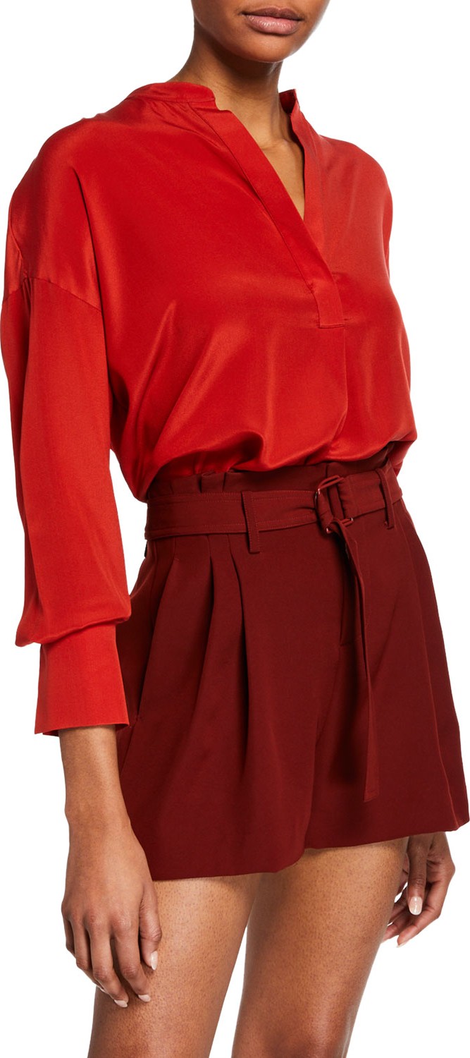 Vince Band-Collar Silk Popover Blouse