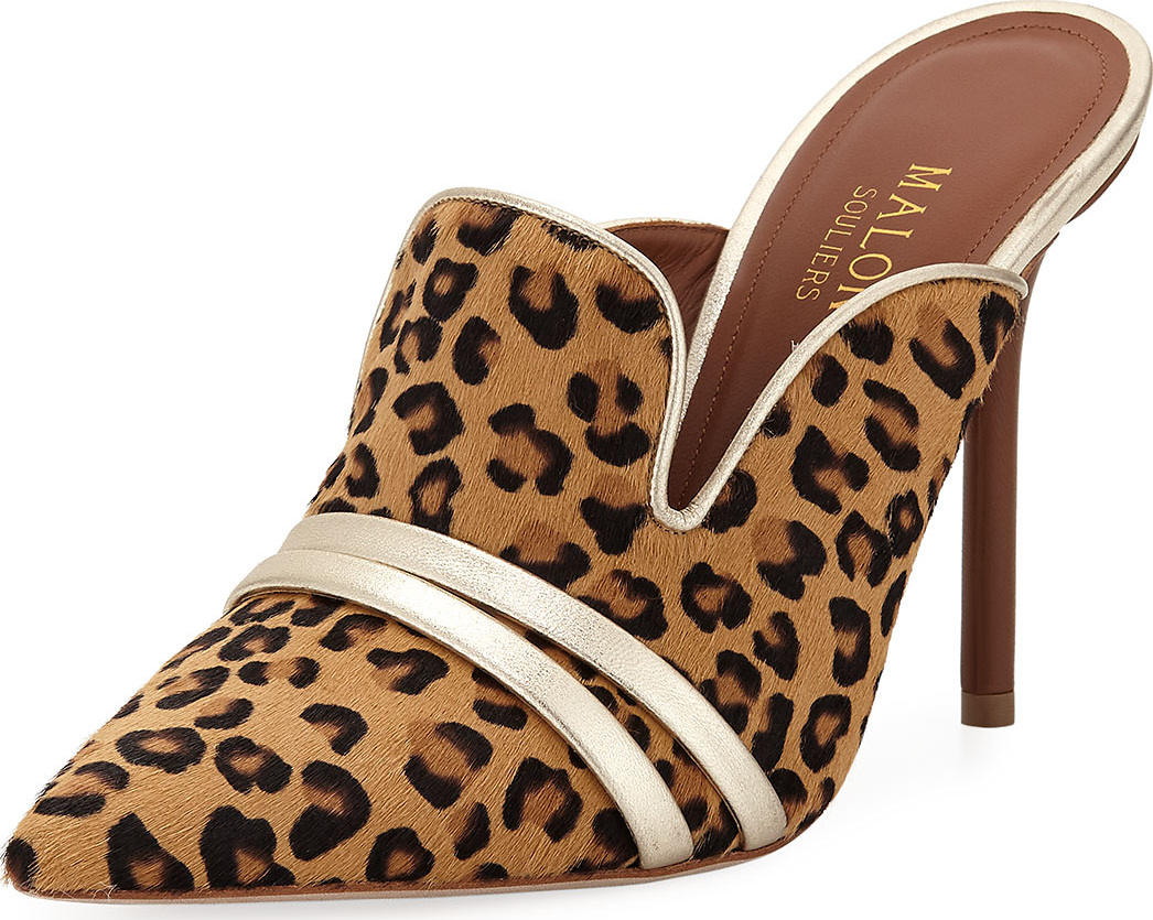 Malone Souliers Hayley Leopard-Print High Mules w/ Double Straps Malone Souliers Hayley Leopard-Print High Mules w/ Double Straps