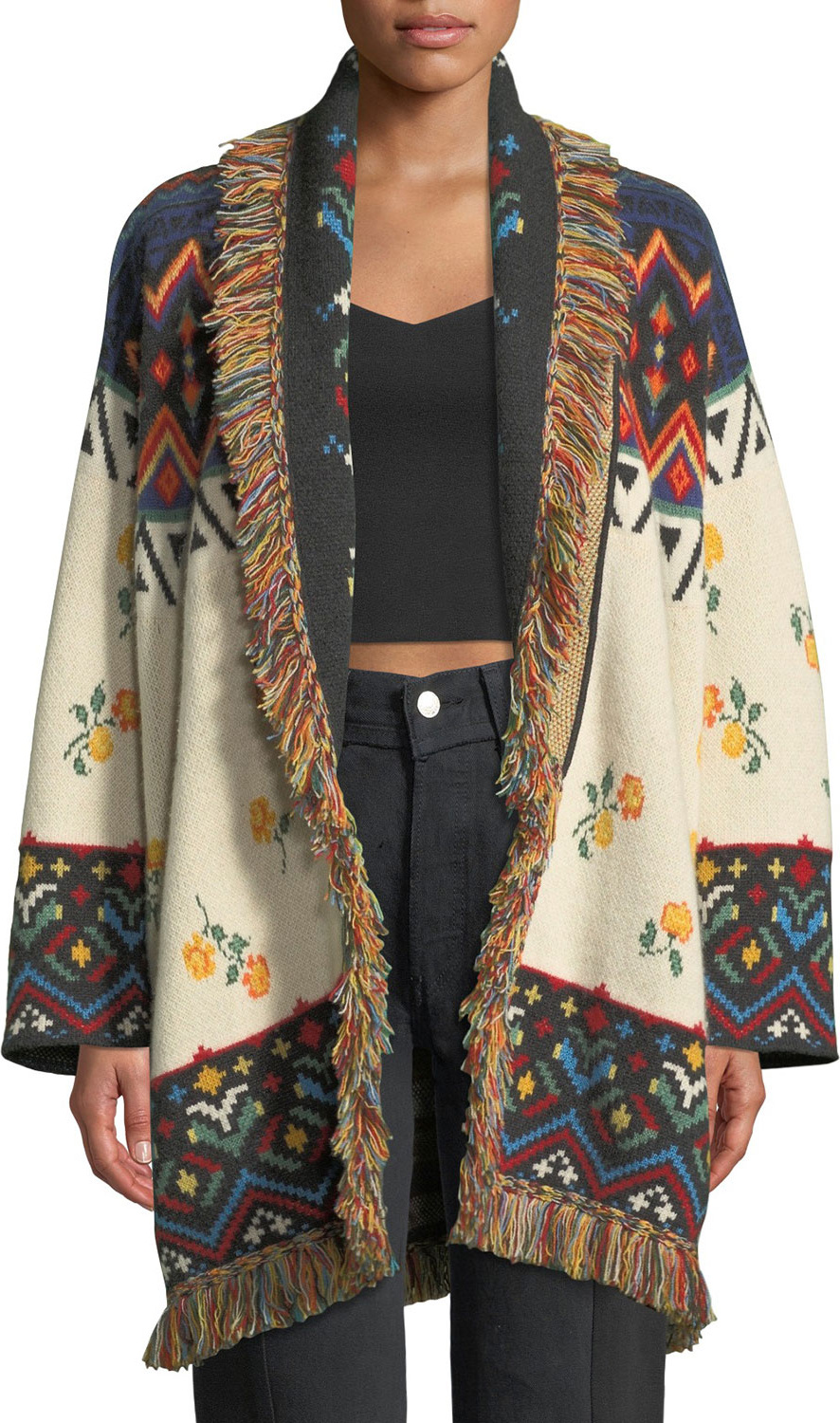 Alanui Greenland Self-Belt Floral-Intarsia Cashmere Cardigan w/ Fringe