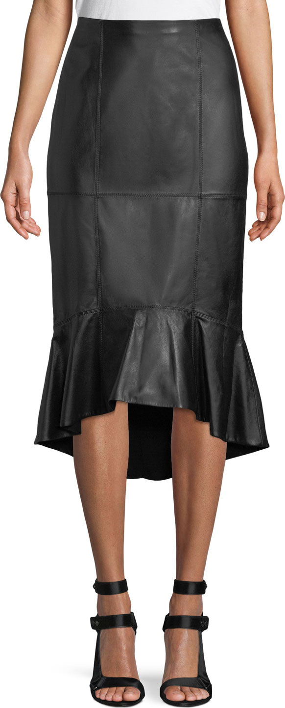 Alice + Olivia Kina Leather Midi Pencil Skirt w/ Flounce Hem