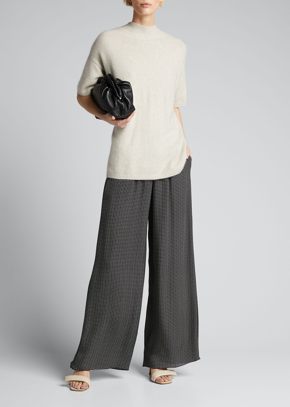 Theory Geometric Wide-Leg Silk Pants w/ Rib Waistband