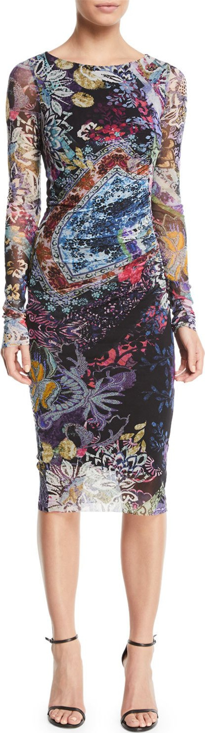 Fuzzi Floral-Print Long-Sleeve Side-Shirred Dress